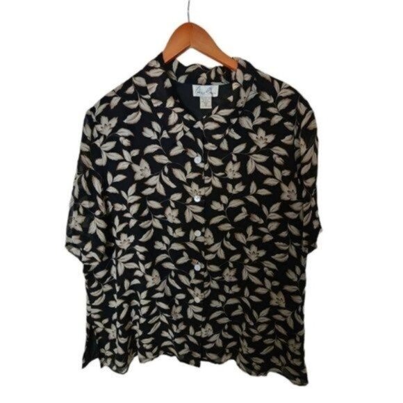 Anne Carson Black 100% Silk Floral Flower‎ Print Women's Plus Size 2X - Picture 7 of 12